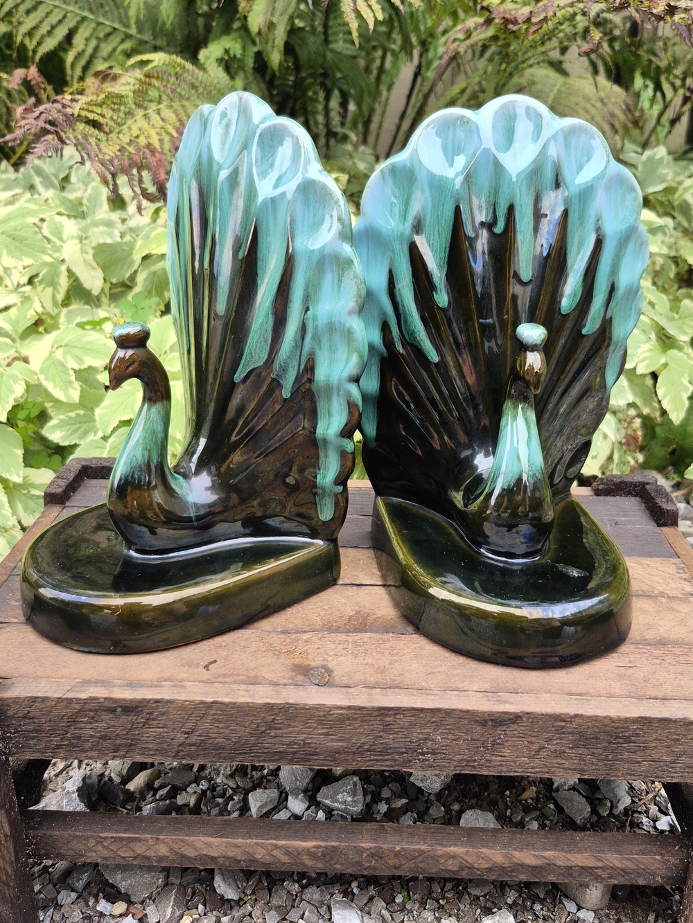 VTG Blue Mountain Pottery Peacock Bookends Set - Green Glaze